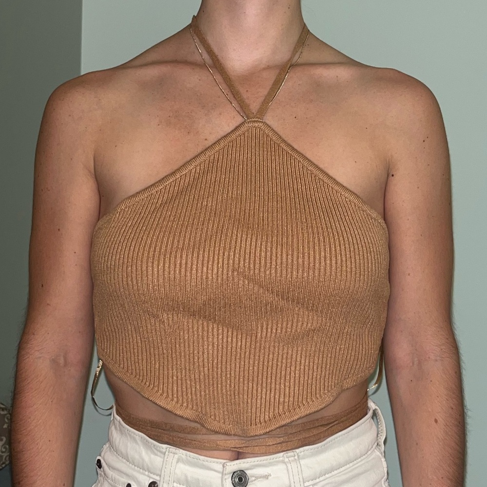 Tan Halter Neck Ribbed Top